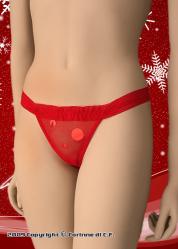Red thong with sequins and feathers.