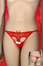 Red fishnet thong with openings and pon pon.