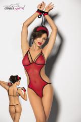 ELTERO - Body rosso in tulle con stringhe, mascherina e polsini.