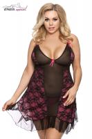 GIA - Babydoll in tulle con pizzo nero/fucsia + perizoma.