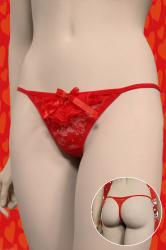 Tanga rosso in pizzo con merletti e fiocchetto.