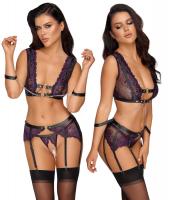 Set intimo 4 pezzi in pizzo viola con polsini.
