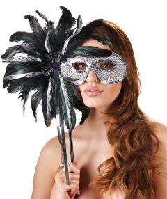 Eye mask with feathers and fixed on a wand.