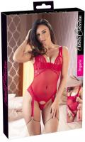 Body rosso in tulle e pizzo con coppe e cavallo removibili.