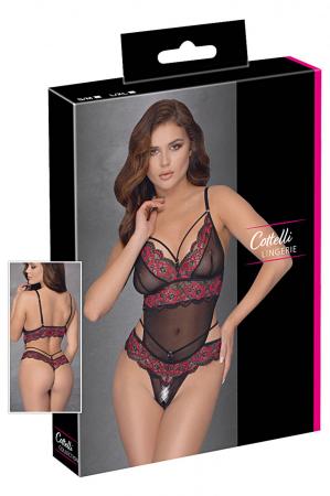 Body in tulle con ricami rossi in pizzo.