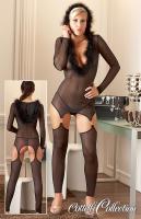 Catsuit trasparente con piume e cappuccio.