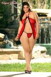 Babydoll rosso in microrete con fiocco e bordo in pizzo. L/XL