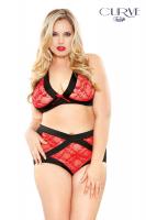 Completo 2 pezzi in pizzo rosso con fasce nere.