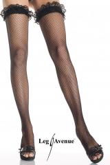 Leg Avenue: Fishnet thigh highs with lace ruffle top.