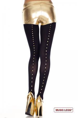 Collant nero coprente con borchie dorate.