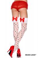 Music Legs: calze bianche con simboli carte e fiocchi rossi.