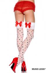 Music Legs: calze bianche con simboli carte e fiocchi rossi.
