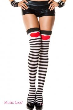 Music leg: opaque striped thigh hi with heart.