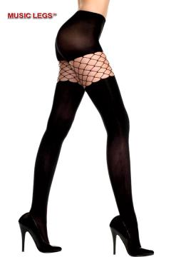 Music Legs: opaque thigh hi with fence net insert.