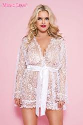 Vestaglia corta in pizzo con cintura in raso. Bianco XL