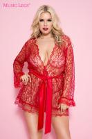 Vestaglia corta in pizzo con cintura in raso. Rosso XL