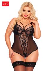 Body AMANDA in tulle e pizzo con stringhe incrociate. Nero. Plus size