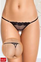 Tanga aperto in pizzo con fiocchetti e perline. Nero