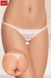 Tanga aperto in pizzo con fiocchetti e perline. Bianco