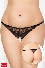 Tanga aperto in tulle e pizzo floreale. Nero