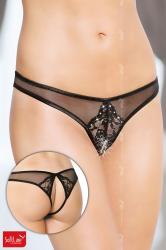 Slip brasiliano in pizzo e tulle con borchiette. Nero