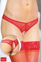 Slip brasiliano in pizzo e tulle con borchiette. Rosso