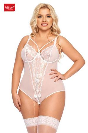 Body AMANDA in tulle e pizzo con stringhe incrociate. Bianco. Plus si