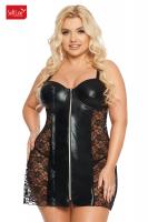 Mini abito MARION in pizzo e tessuto lucido. Nero. Plus size