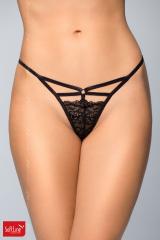 Tanga nero in pizzo con stringhe ed anello.