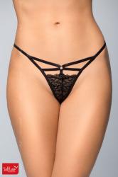 Tanga nero in pizzo con stringhe ed anello.