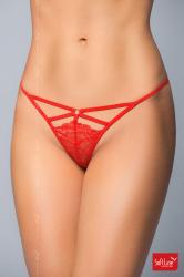 Tanga rosso in pizzo con stringhe ed anello.