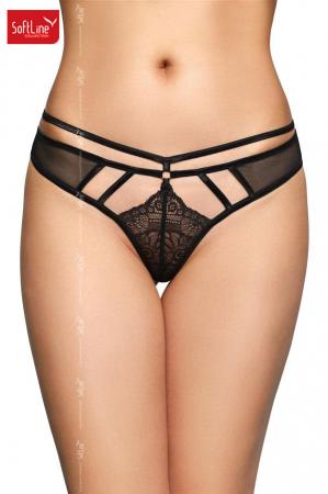 Tanga nero in pizzo e tulle con aperture.