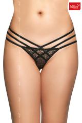 Tanga nero in pizzo con tre fianchetti incrociati.