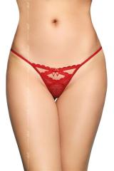 Tanga rosso in pizzo a pois con fiocchi e pendenti.