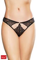 Tanga nero in pizzo e tulle con aperture.