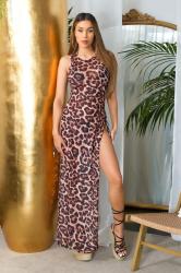 Abito lungo leopardato con spacchi laterali