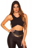 Top corto asimmetrico con cerniera posteriore. Nero