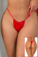 Tanga bikini brasiliano KouCla in vinile rosso.