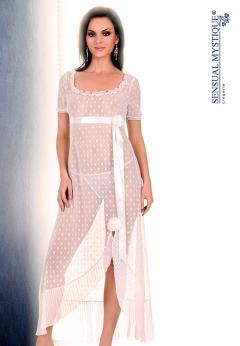 Long sheer dot nightgown with ruffled neckline.