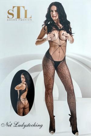 Catsuit motivo ragnatele aperta su busto e schiena.