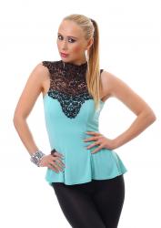 Blusa smanicata con ricamo anteriore. Celeste/nero