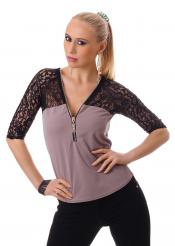Maglia maniche 3/4 con pizzo. Tortora/nero