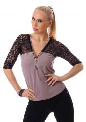 Maglia maniche 3/4 con pizzo. Tortora/nero