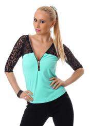 Maglia maniche 3/4 con pizzo. Celeste/nero