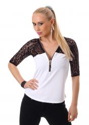 Maglia maniche 3/4 con pizzo. Bianco/nero