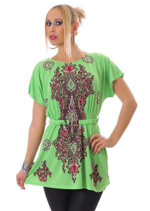 Blusa con motivi fantasia + cintura. Verde