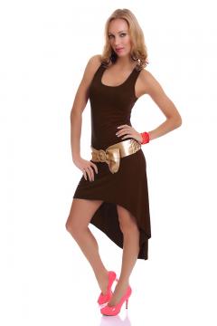 Vestito lungo svasato con coda. Color cioccolato.