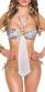 Monokini leopardato bianco con anelli dorati e drappeggio.