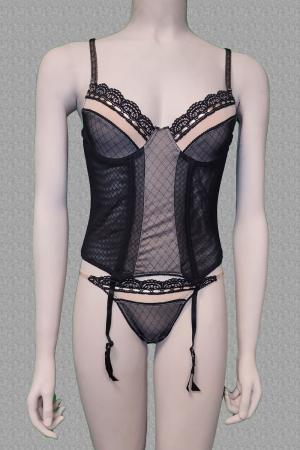 Guepiere beige-nera in tulle e pizzo + tanga.