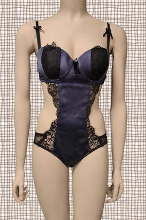 Body in satin e pizzo. Blu-nero